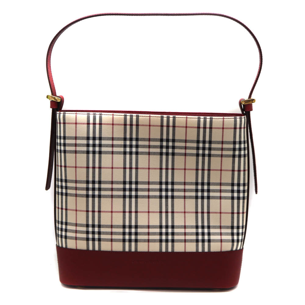 Burberry check tote bag beige wine red canvas leather